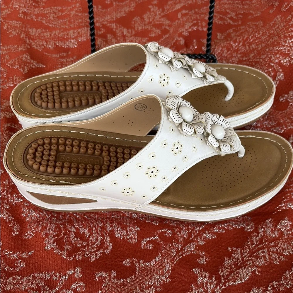 ECETANA White and Tan Sandals with Floral Detailing, Used once.